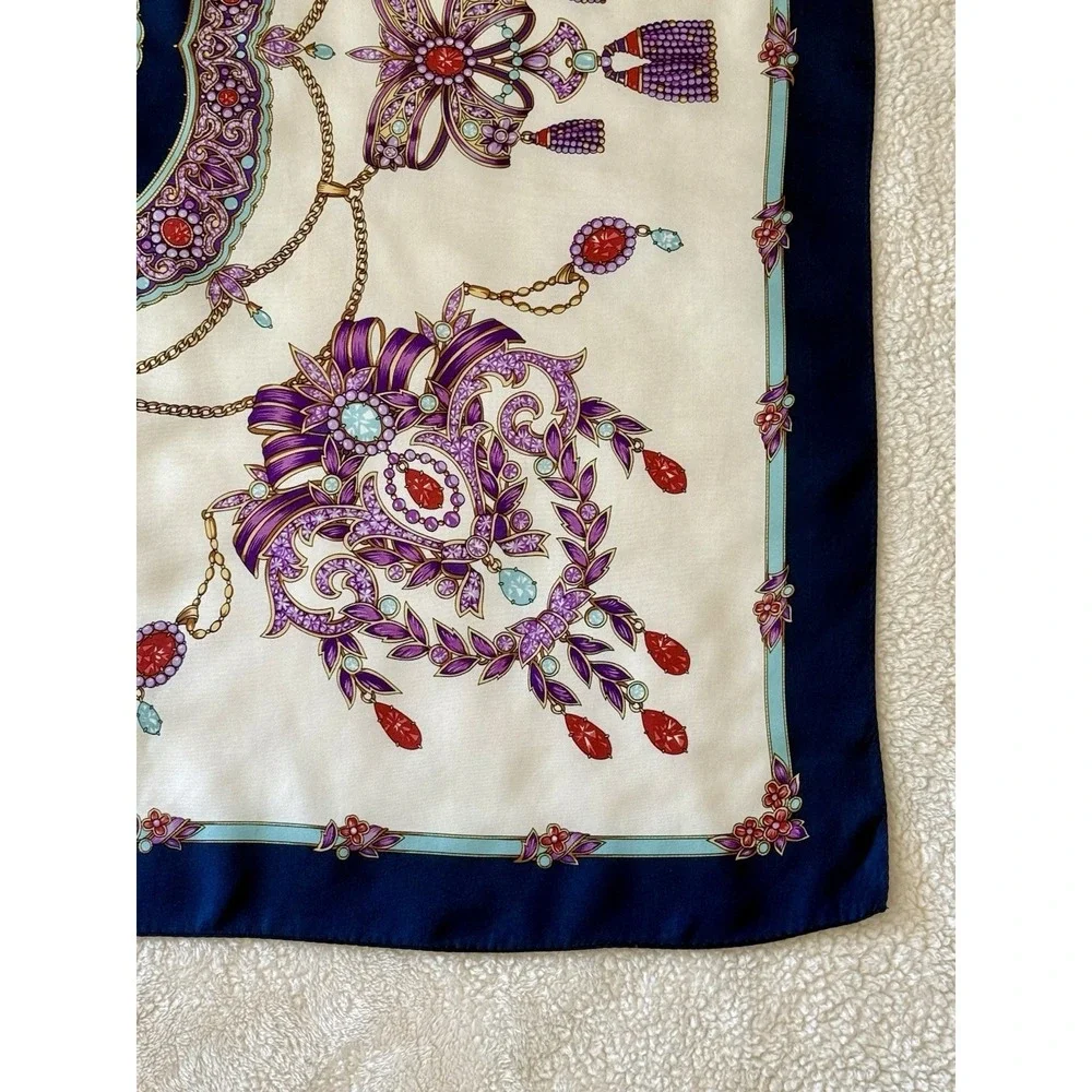 ECHO For Nordstrom Blue/Cream Gem/Jewels Square 100% Silk Scarf 35